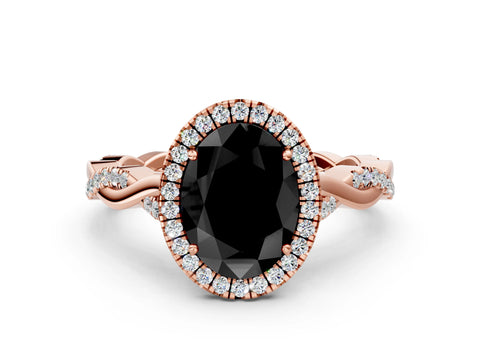 Rose gold Fancy Black Oval Cut Halo Twist Band with Four-Prong Setting