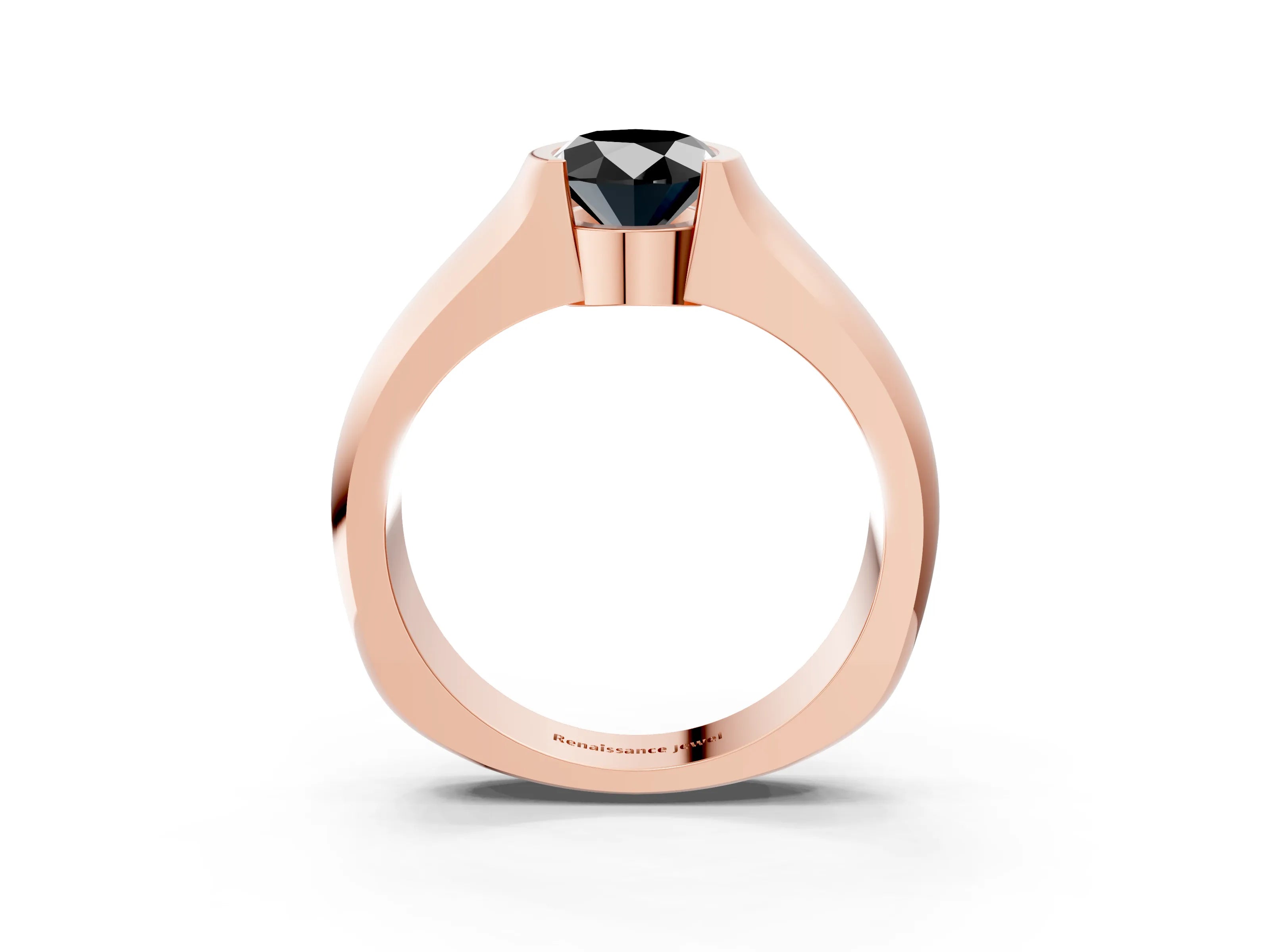 Rose gold Fancy Black Oval Cut Solitaire Bezel Set Diamond Ring with Wide Band_3