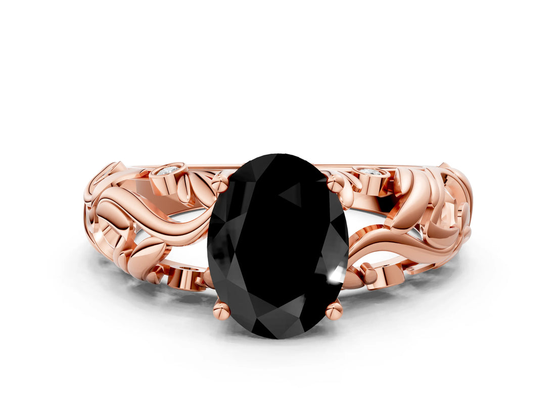 Rose gold Fancy Black Oval Cut Solitaire Diamond Leaf-Inspired Vine Band Ring with Prong Setting