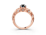 Rose gold Fancy Black Oval Cut Solitaire Diamond Leaf-Inspired Vine Band Ring with Prong Setting_3