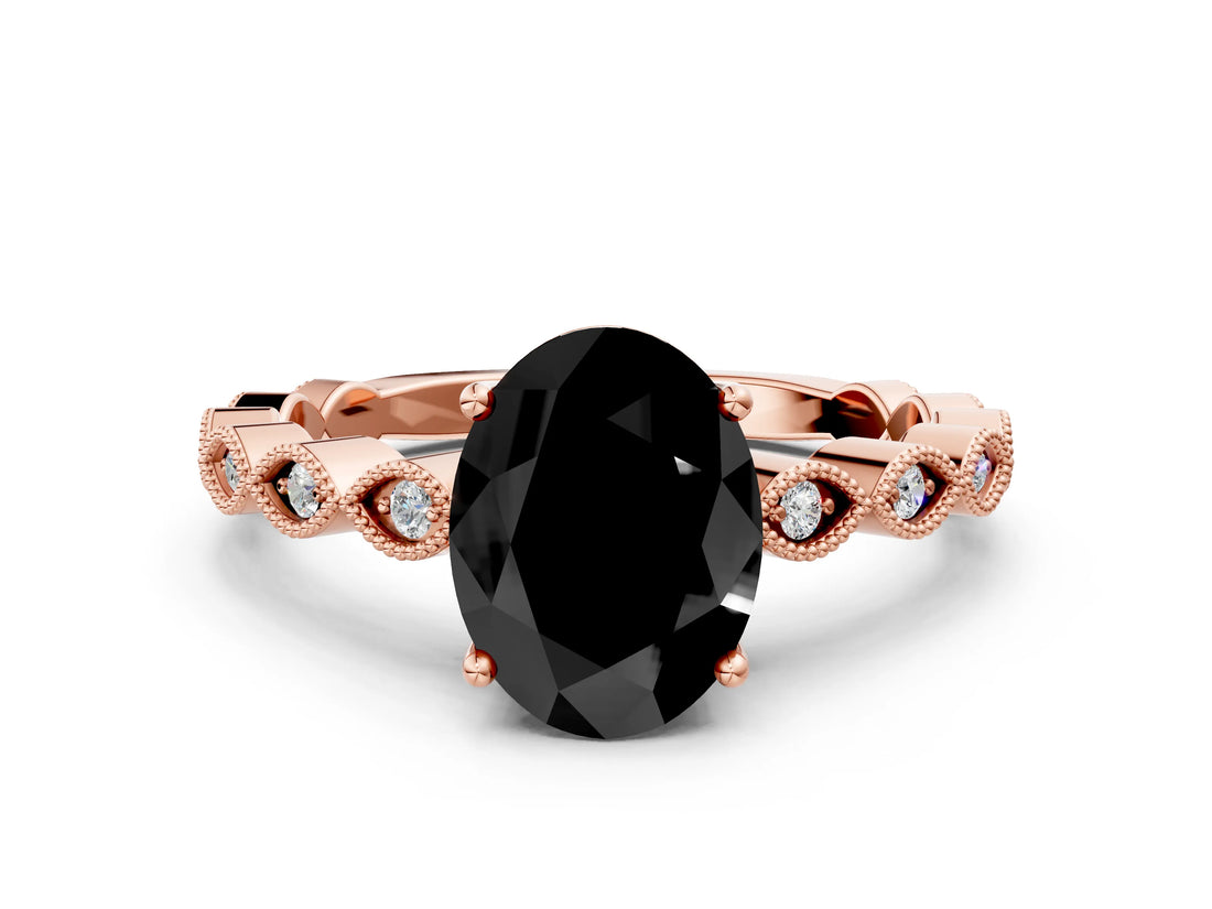 Rose gold Fancy Black Oval Cut Solitaire Diamond Ring with Infinity Twist Band and Four-Prong Setting