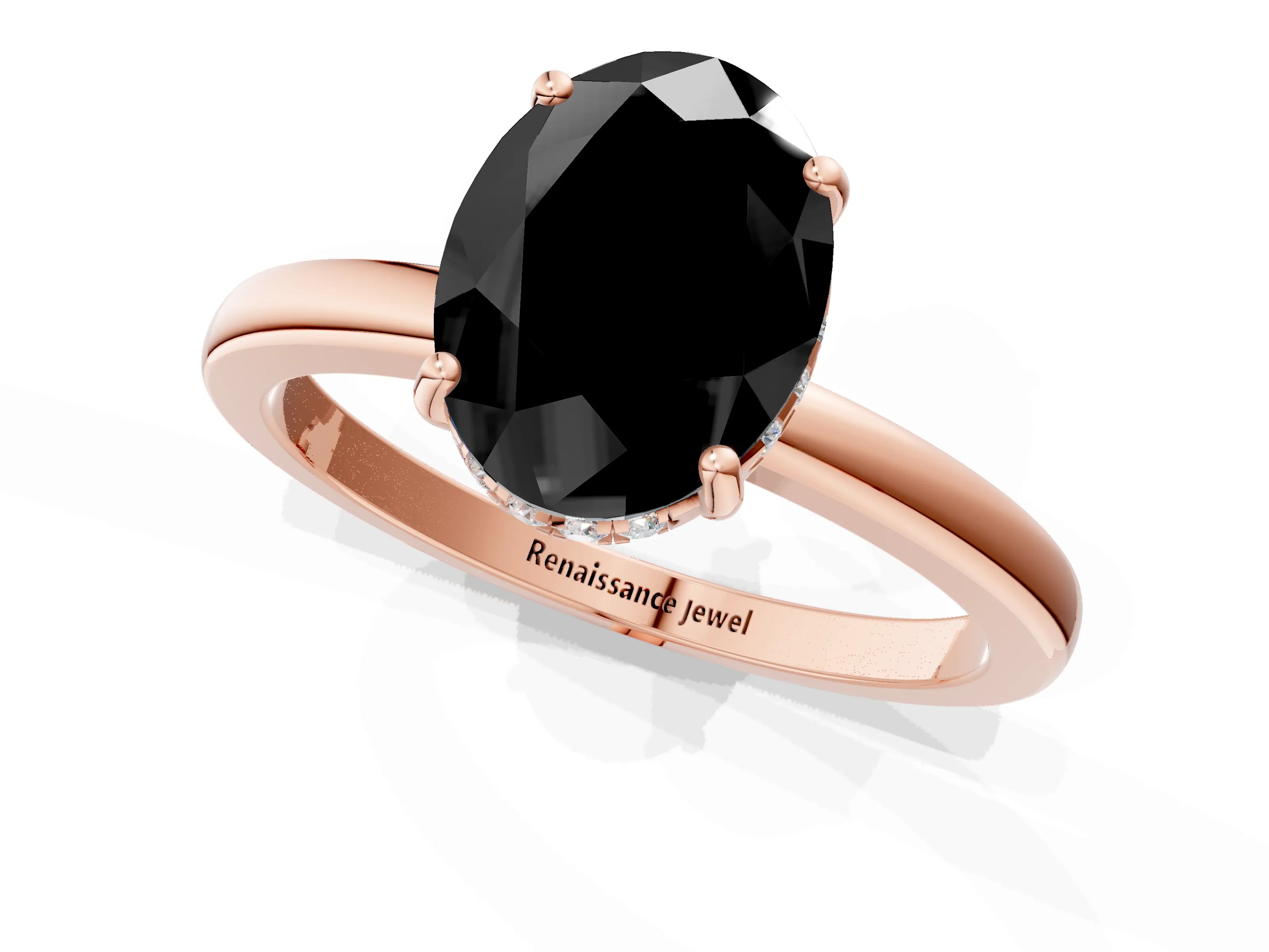 Rose gold Fancy Black Oval Cut Solitaire Diamond Ring with Prong Setting and Plain Band_1