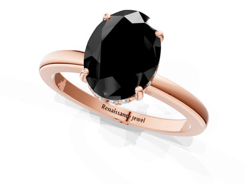 Rose gold Fancy Black Oval Cut Solitaire Diamond Ring with Prong Setting and Plain Band_1