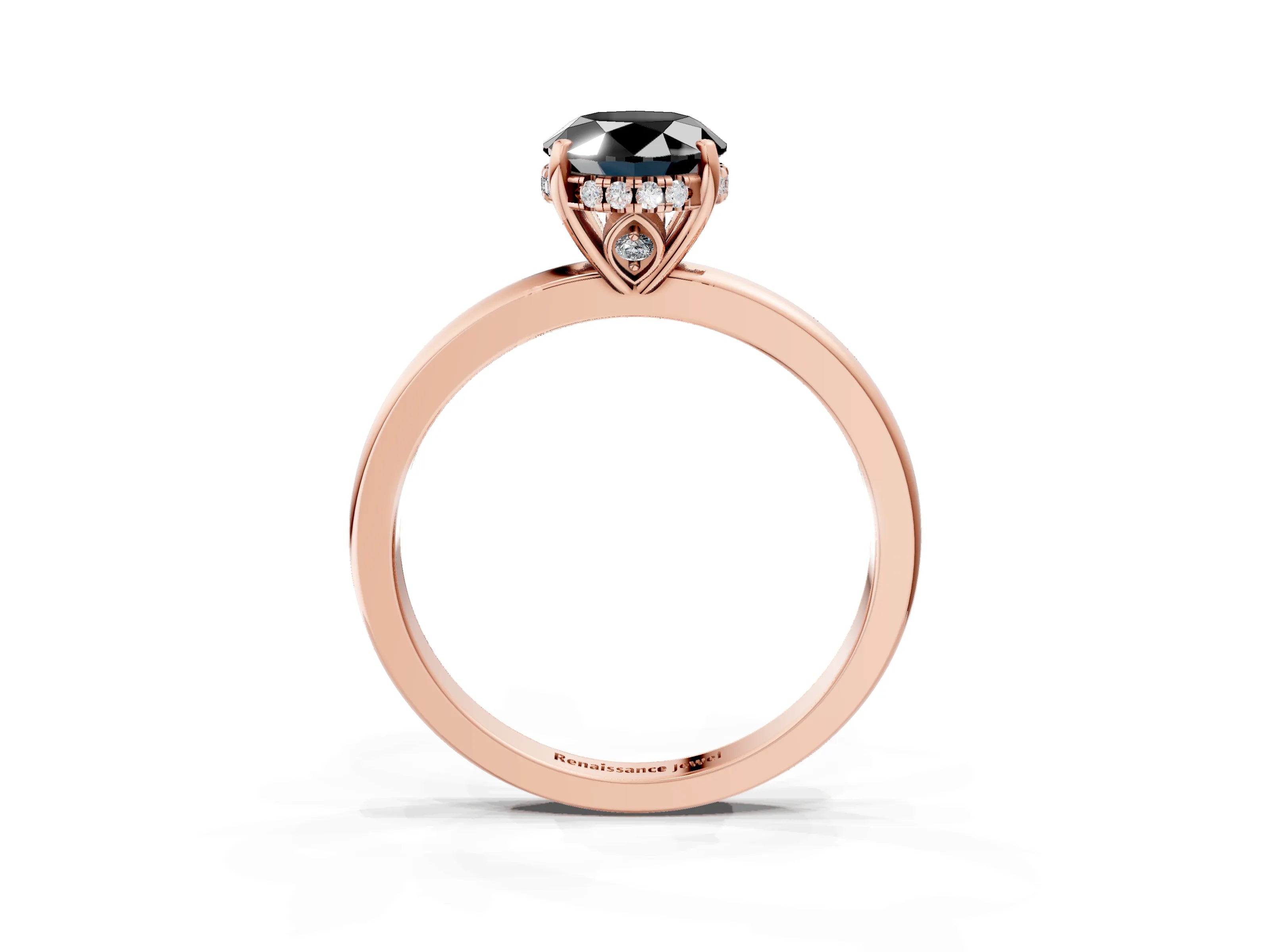 Rose gold Fancy Black Oval Cut Solitaire Diamond Ring with Prong Setting and Plain Band_3