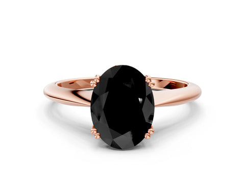 Rose gold Fancy Black Oval Cut Solitaire Diamond Ring with Six-Prong Setting and Classic Band
