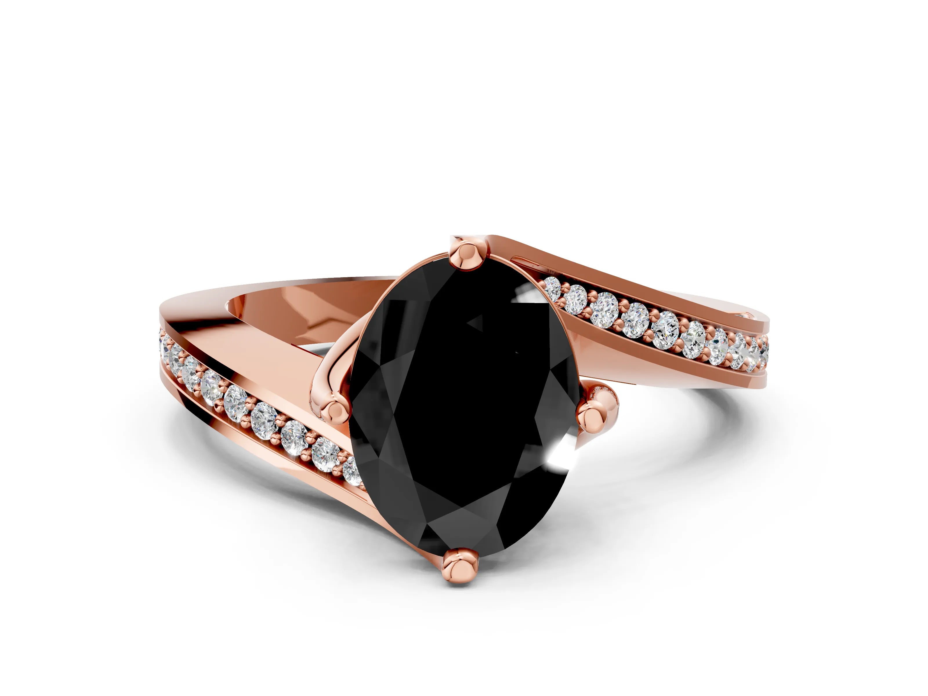Rose gold Fancy Black Oval Cut Solitaire Diamond Twist Band with Pavé Setting and Four-Prong Setting