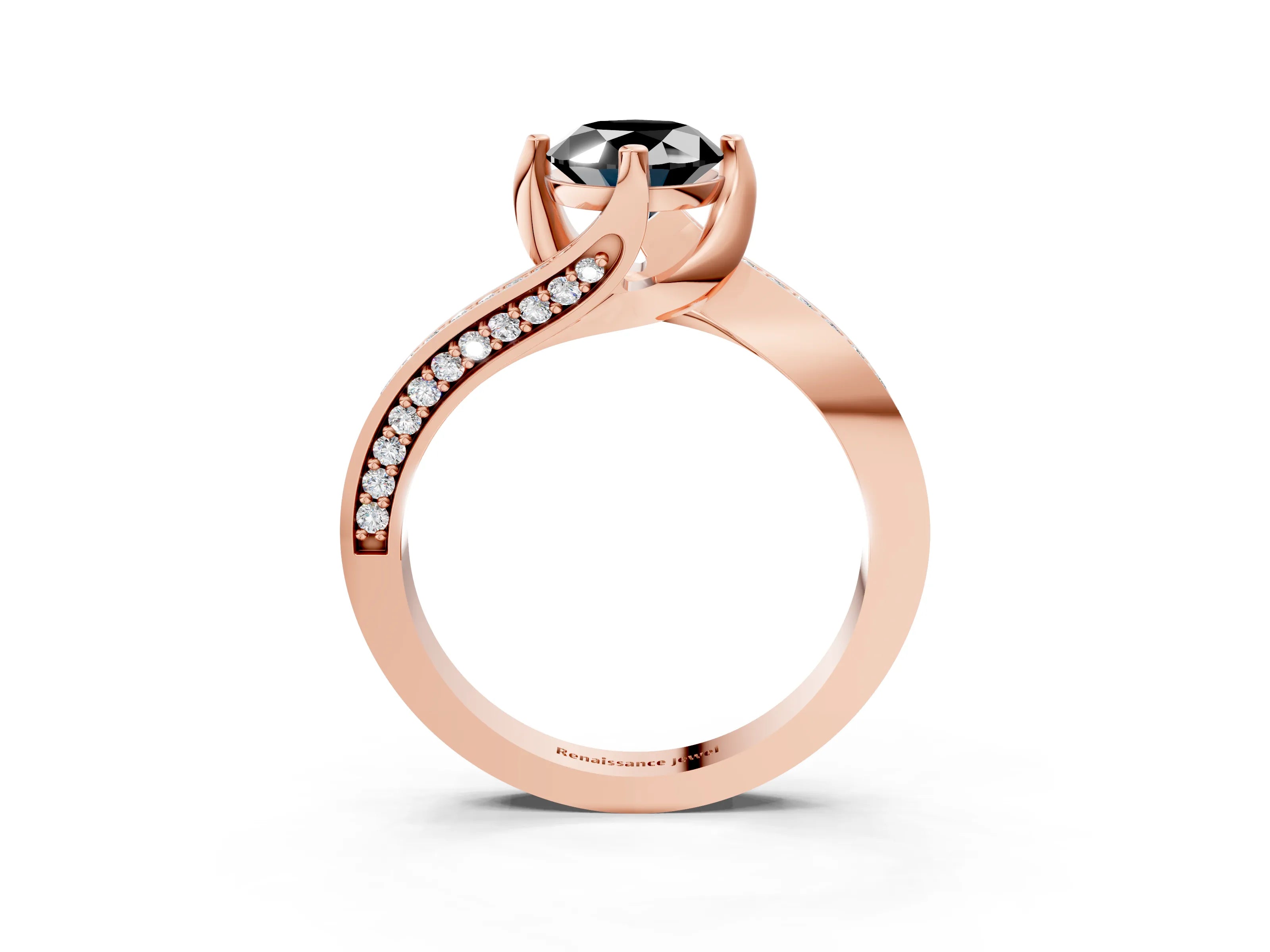 Rose gold Fancy Black Oval Cut Solitaire Diamond Twist Band with Pavé Setting and Four-Prong Setting_3