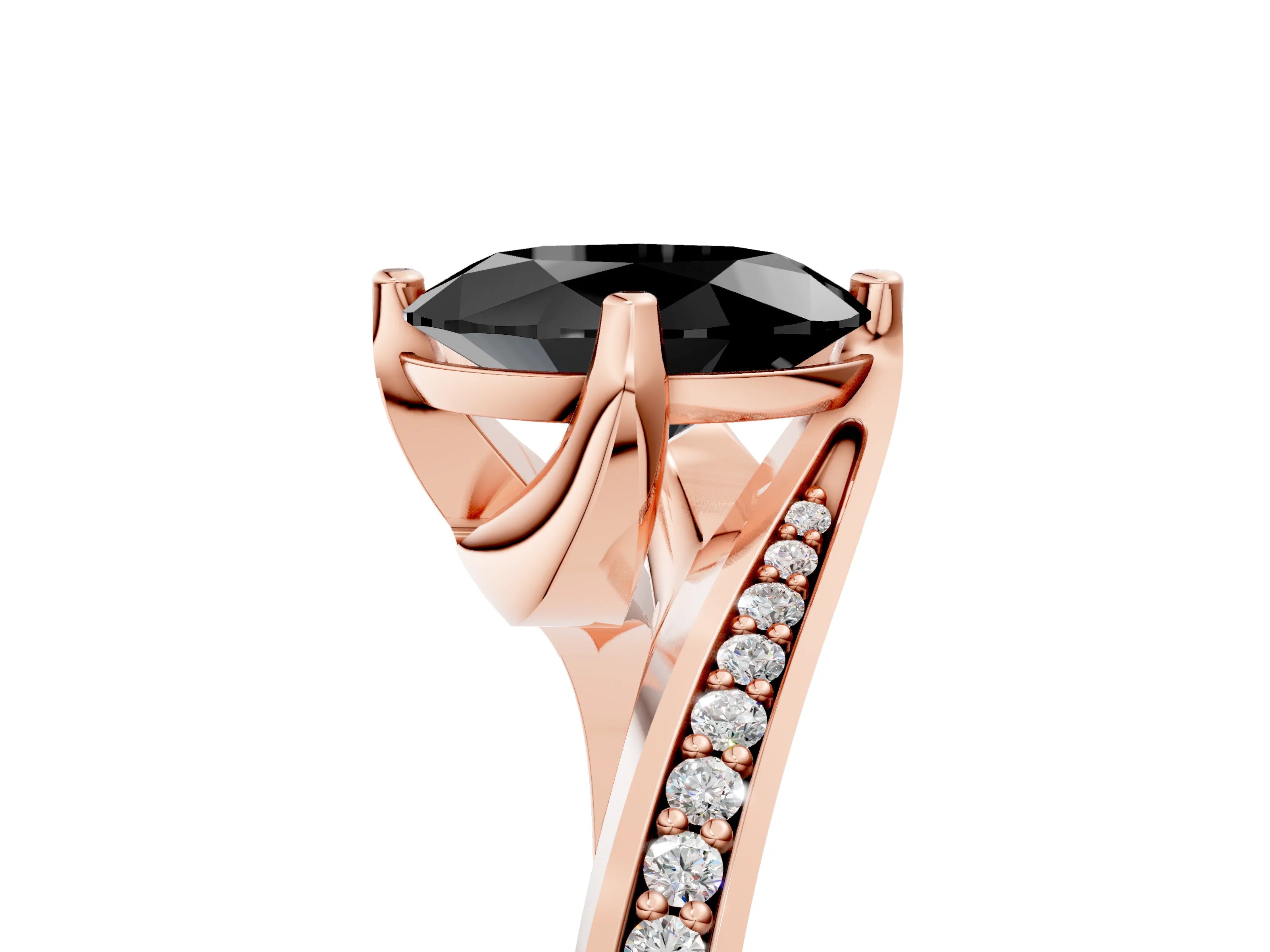 Rose gold Fancy Black Oval Cut Solitaire Diamond Twist Band with Pavé Setting and Four-Prong Setting_5
