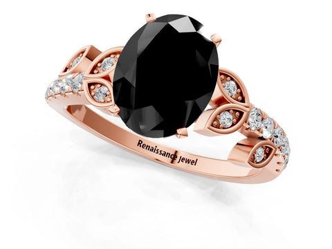 Rose gold Fancy Black Oval Cut Solitaire Leaf-Inspired Diamond Ring with Pavé Band and Four-Prong Setting_1