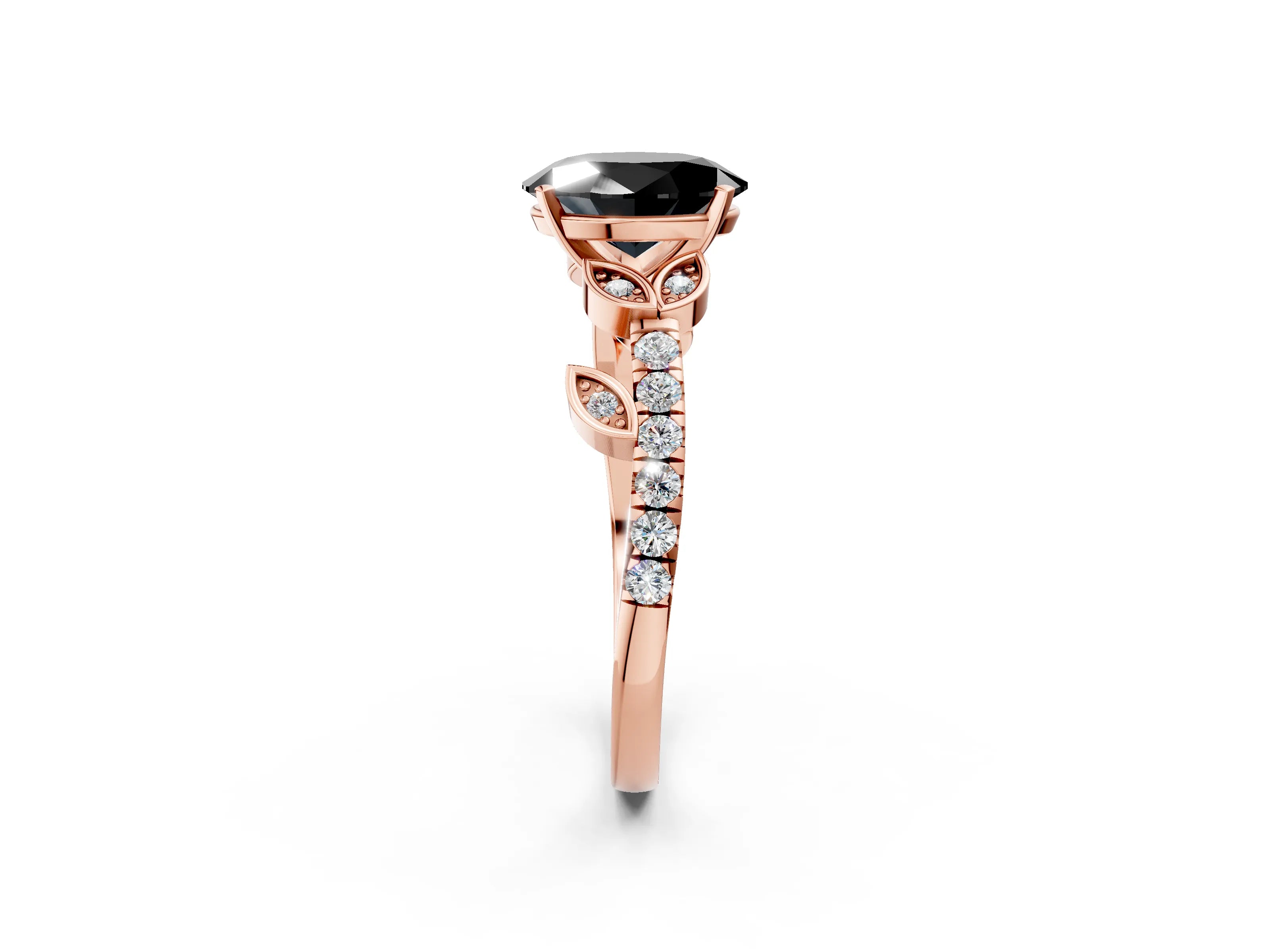 Rose gold Fancy Black Oval Cut Solitaire Leaf-Inspired Diamond Ring with Pavé Band and Four-Prong Setting_2