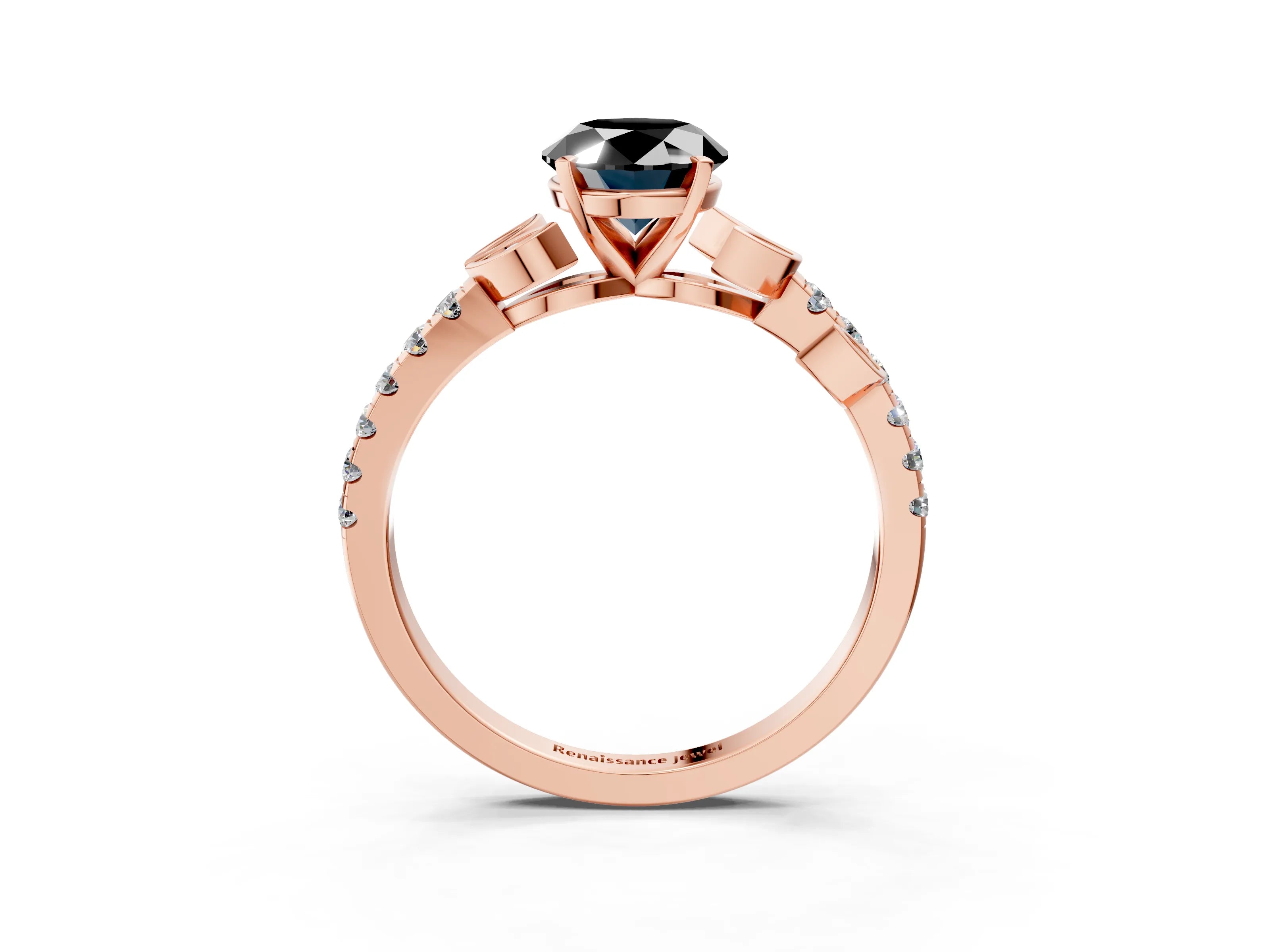 Rose gold Fancy Black Oval Cut Solitaire Leaf-Inspired Diamond Ring with Pavé Band and Four-Prong Setting_3
