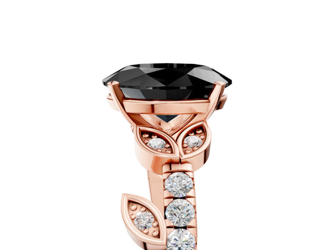Rose gold Fancy Black Oval Cut Solitaire Leaf-Inspired Diamond Ring with Pavé Band and Four-Prong Setting_5