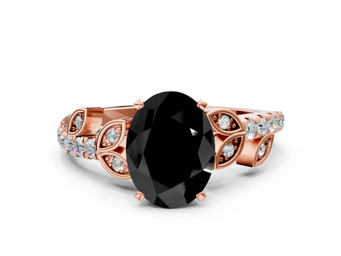 Rose gold Fancy Black Oval Cut Solitaire Leaf-Inspired Diamond Ring with Pavé Band and Four-Prong Setting