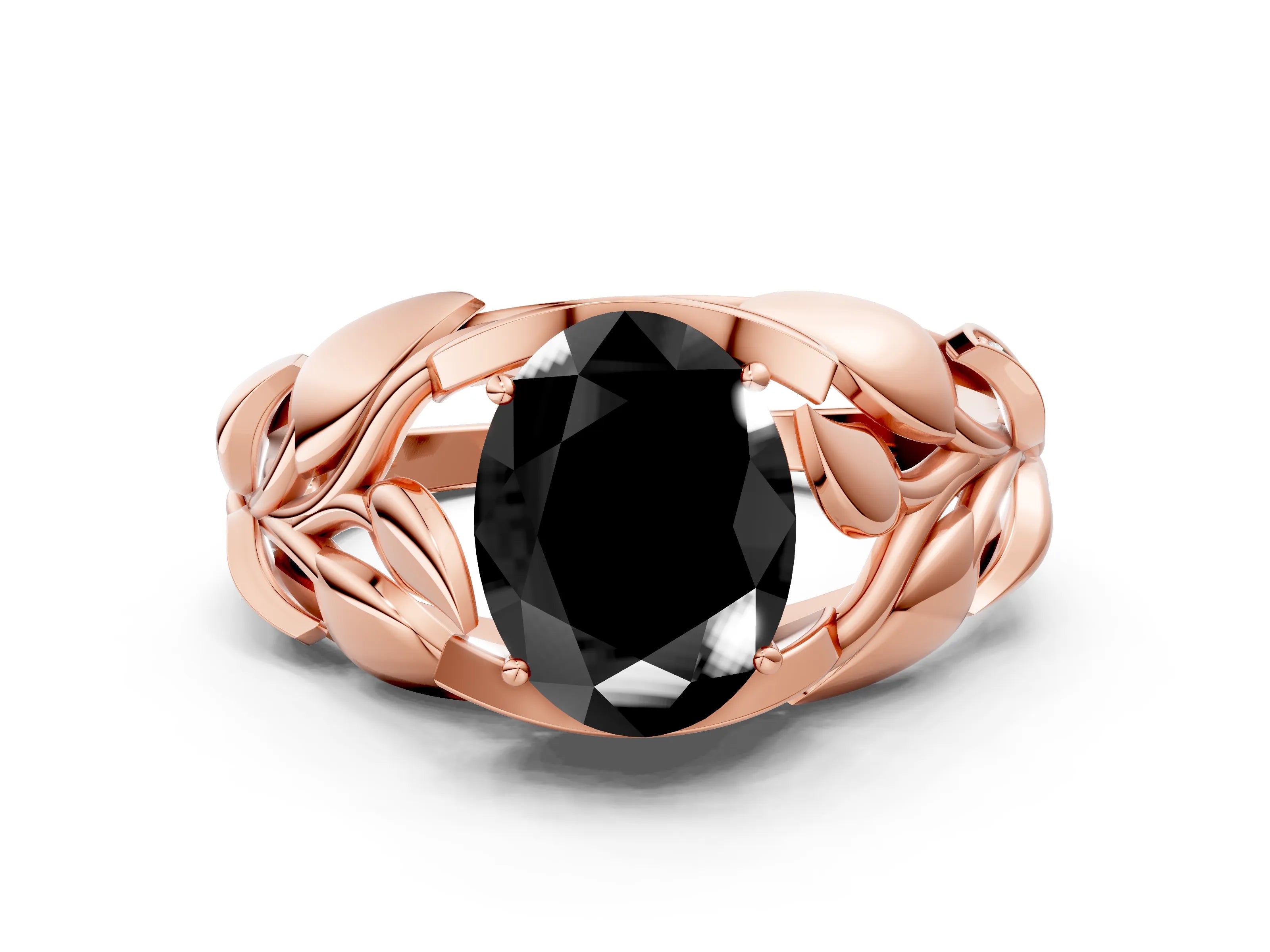 Rose gold Fancy Black Oval Cut Solitaire Leaf-Inspired Engagement Ring with Prong Setting