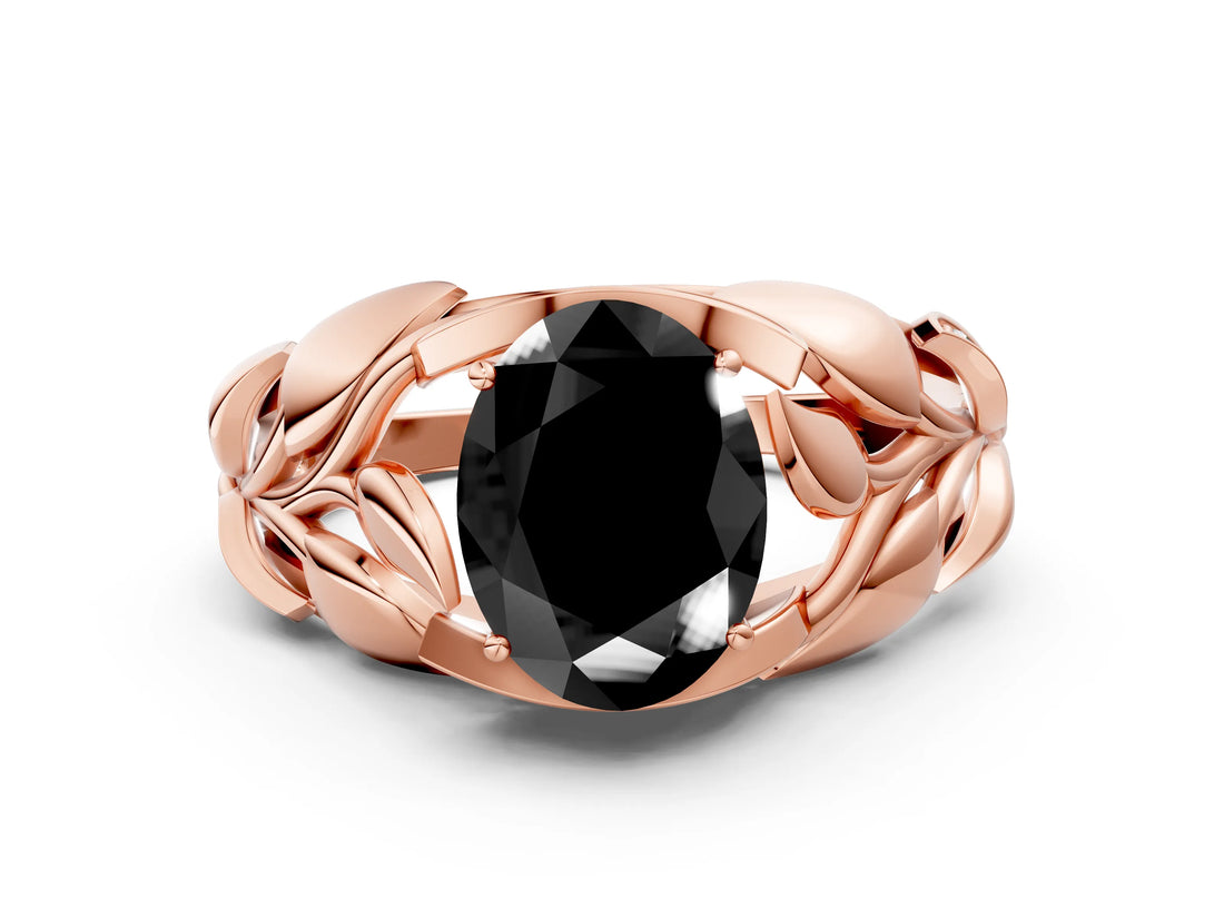 Rose gold Fancy Black Oval Cut Solitaire Leaf-Inspired Engagement Ring with Prong Setting_12
