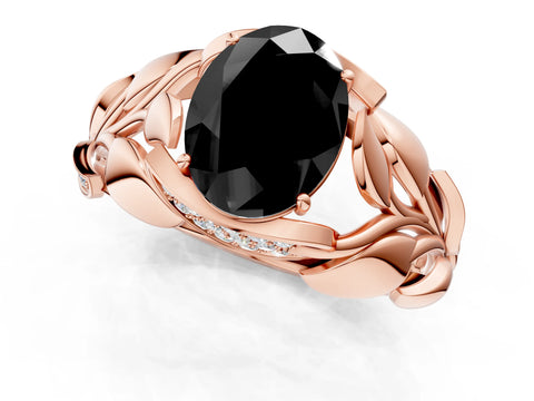 Rose gold Fancy Black Oval Cut Solitaire Leaf-Inspired Engagement Ring with Prong Setting_1