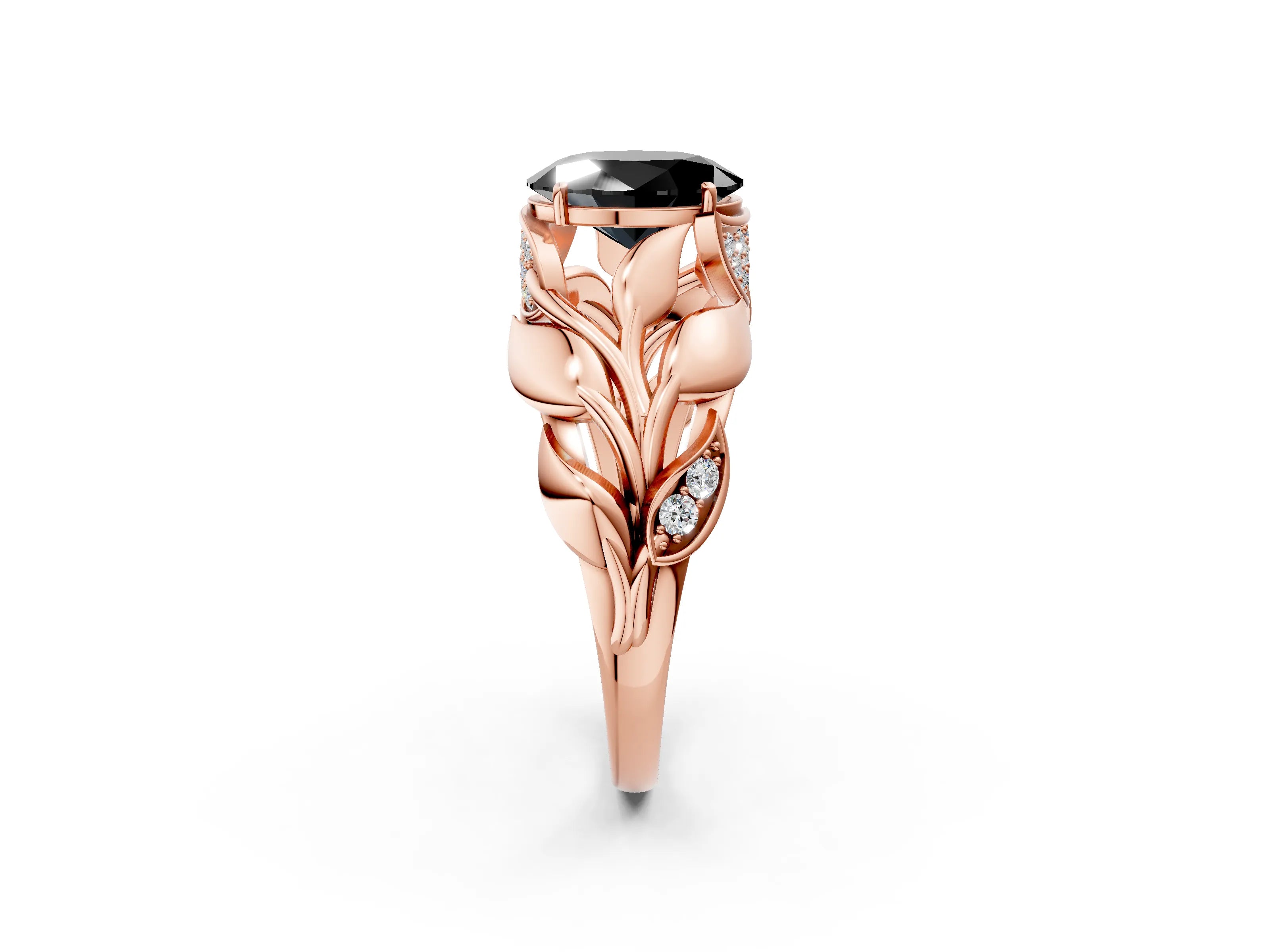 Rose gold Fancy Black Oval Cut Solitaire Leaf-Inspired Engagement Ring with Prong Setting_2