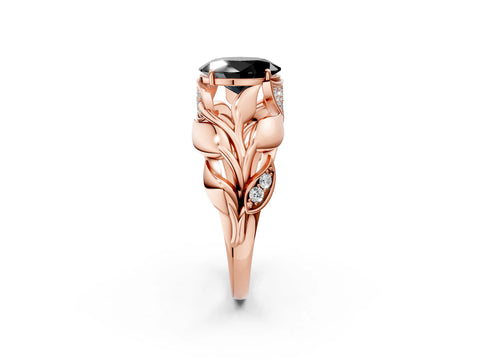 Rose gold Fancy Black Oval Cut Solitaire Leaf-Inspired Engagement Ring with Prong Setting_2