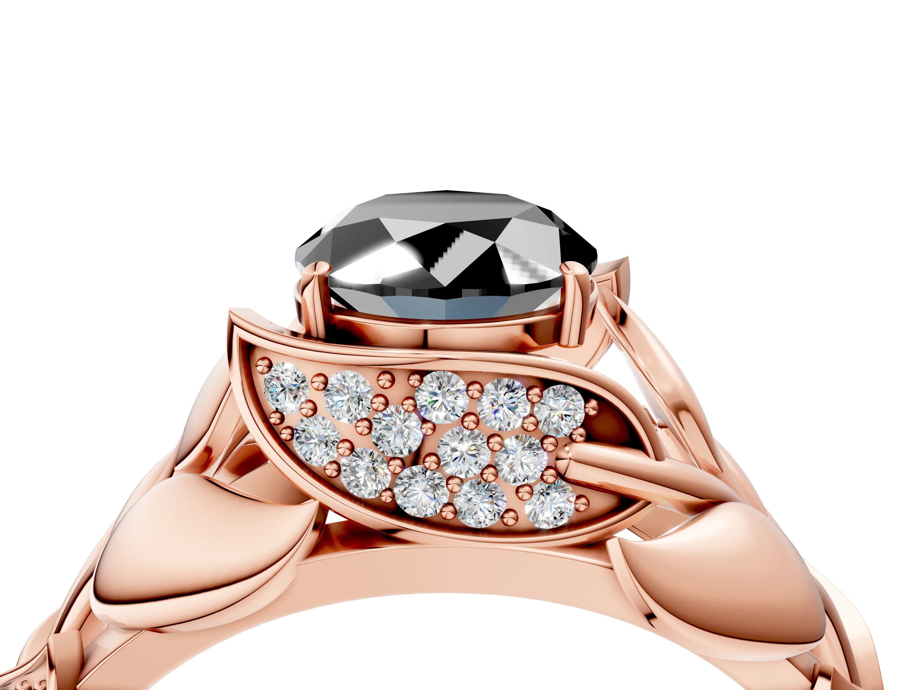 Rose gold Fancy Black Oval Cut Solitaire Leaf-Inspired Engagement Ring with Prong Setting_4