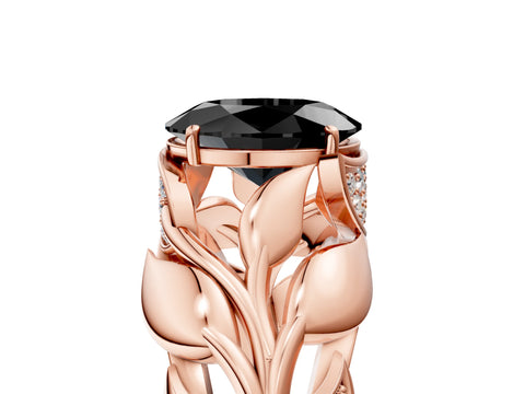 Rose gold Fancy Black Oval Cut Solitaire Leaf-Inspired Engagement Ring with Prong Setting_5