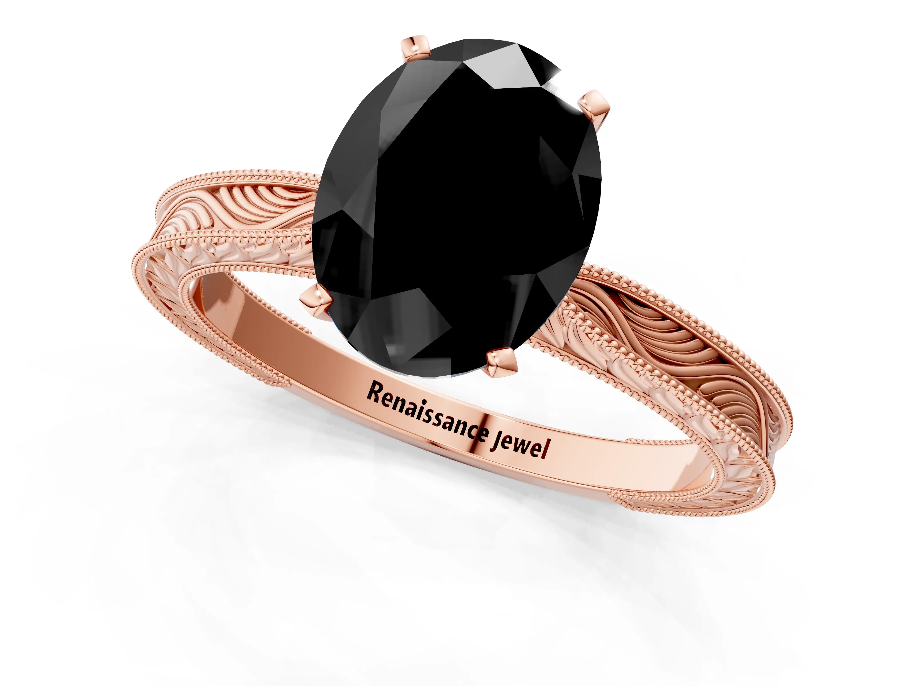 Rose gold Fancy Black Oval Cut Solitaire Milgrain Engraved Band with Four-Prong Setting_1