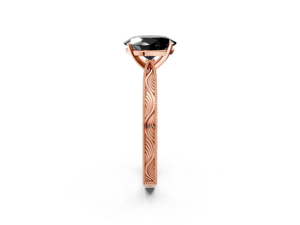 Rose Gold Oval Solitaire Engagement Ring Setting for Black Center with Engraved Band