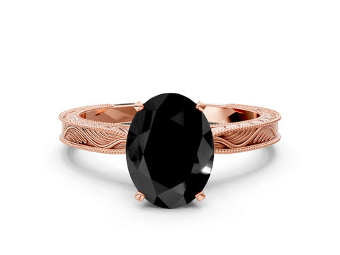 Rose gold Fancy Black Oval Cut Solitaire Milgrain Engraved Band with Four-Prong Setting