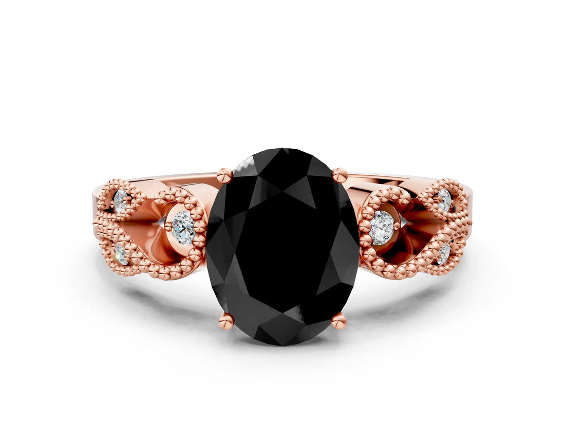Rose gold Fancy Black Oval Cut Solitaire Milgrain Leaf Band with Prong Setting