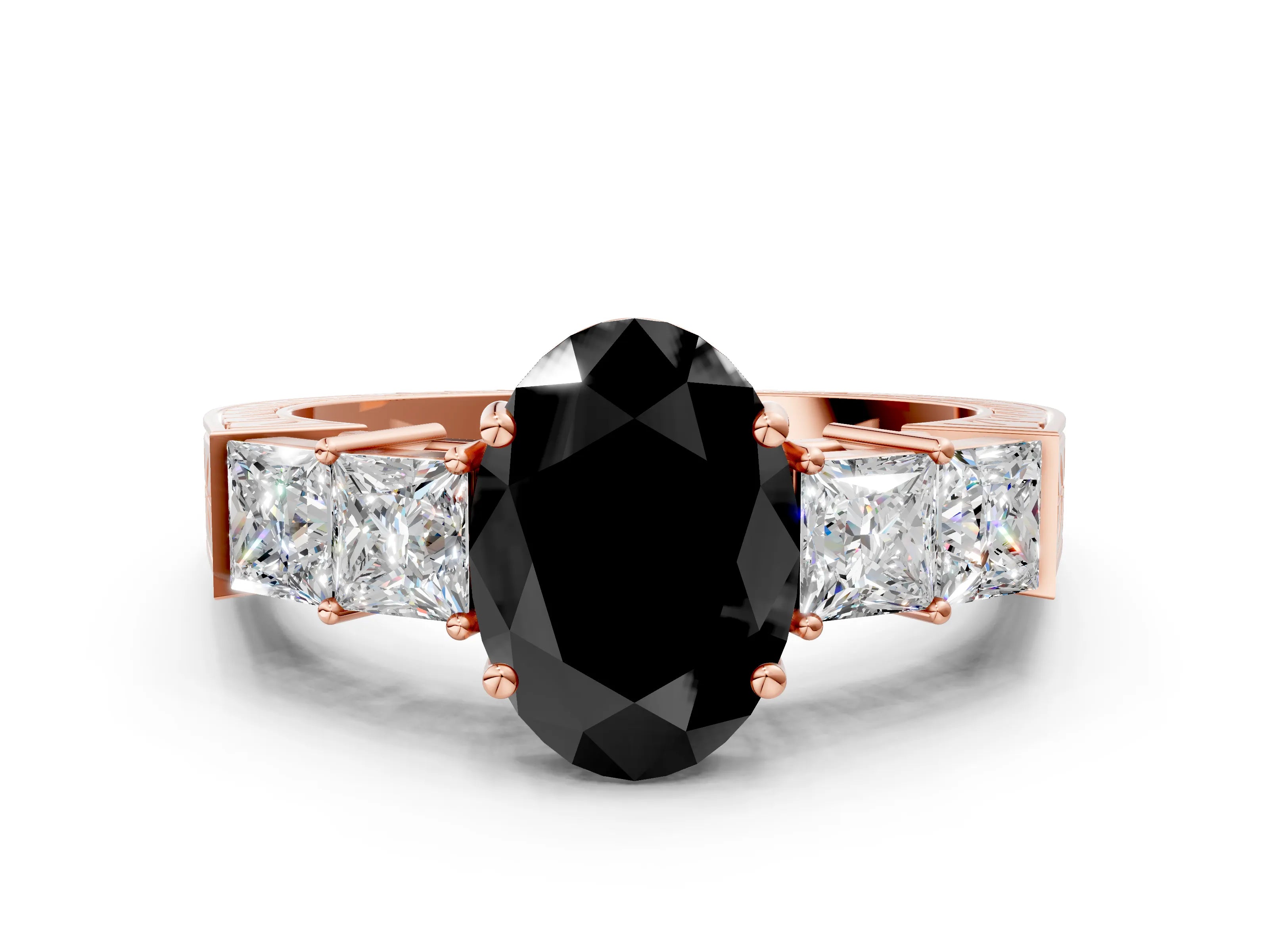 Rose gold Fancy Black Oval Cut Solitaire Princess Side Stone Engraved Band Prong Setting Ring