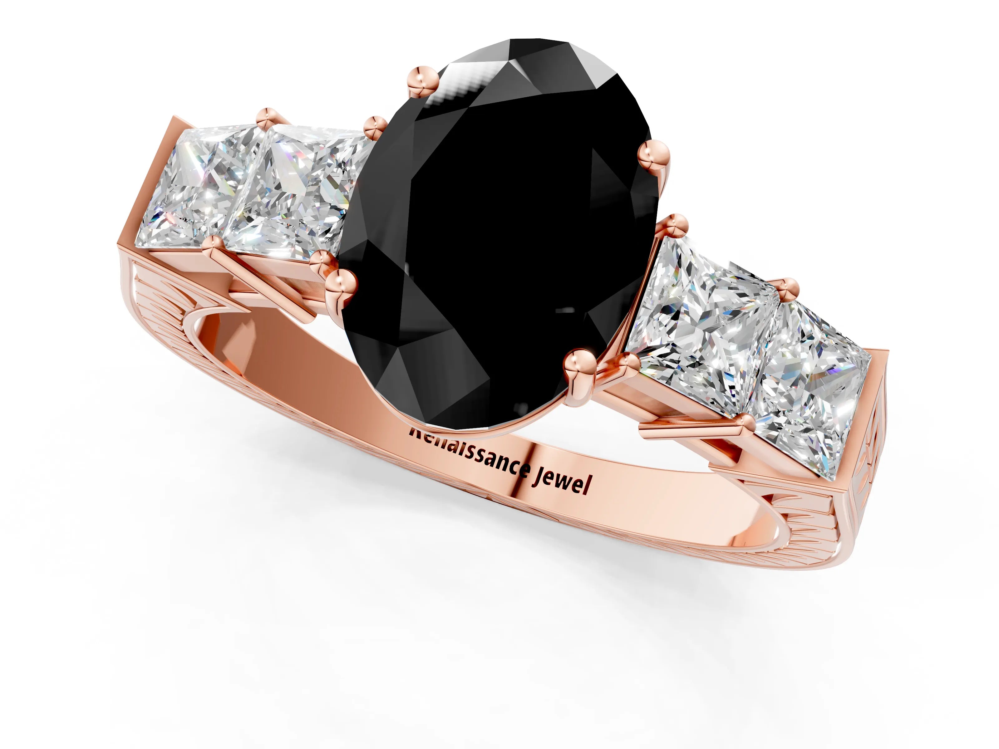 Rose gold Fancy Black Oval Cut Solitaire Princess Side Stone Engraved Band Prong Setting Ring_1