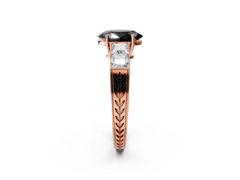 Rose gold Fancy Black Oval Cut Solitaire Princess Side Stone Engraved Band Prong Setting Ring_2