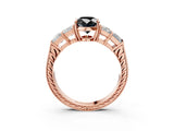 Rose gold Fancy Black Oval Cut Solitaire Princess Side Stone Engraved Band Prong Setting Ring_3