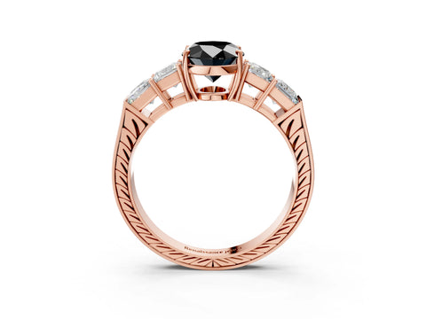 Rose gold Fancy Black Oval Cut Solitaire Princess Side Stone Engraved Band Prong Setting Ring_3