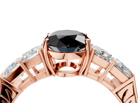 Rose gold Fancy Black Oval Cut Solitaire Princess Side Stone Engraved Band Prong Setting Ring_4