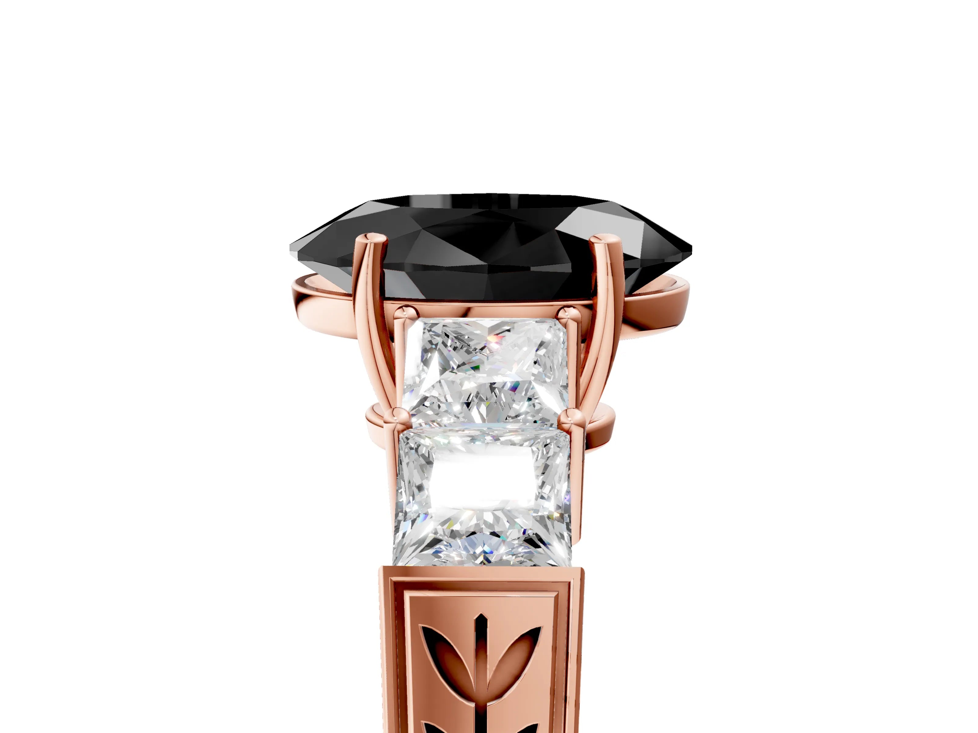 Rose gold Fancy Black Oval Cut Solitaire Princess Side Stone Engraved Band Prong Setting Ring_5