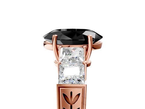 Rose gold Fancy Black Oval Cut Solitaire Princess Side Stone Engraved Band Prong Setting Ring_5