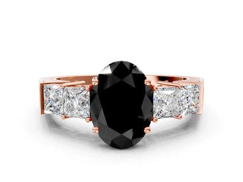 Rose gold Fancy Black Oval Cut Solitaire Princess Side Stone Engraved Band Prong Setting Ring