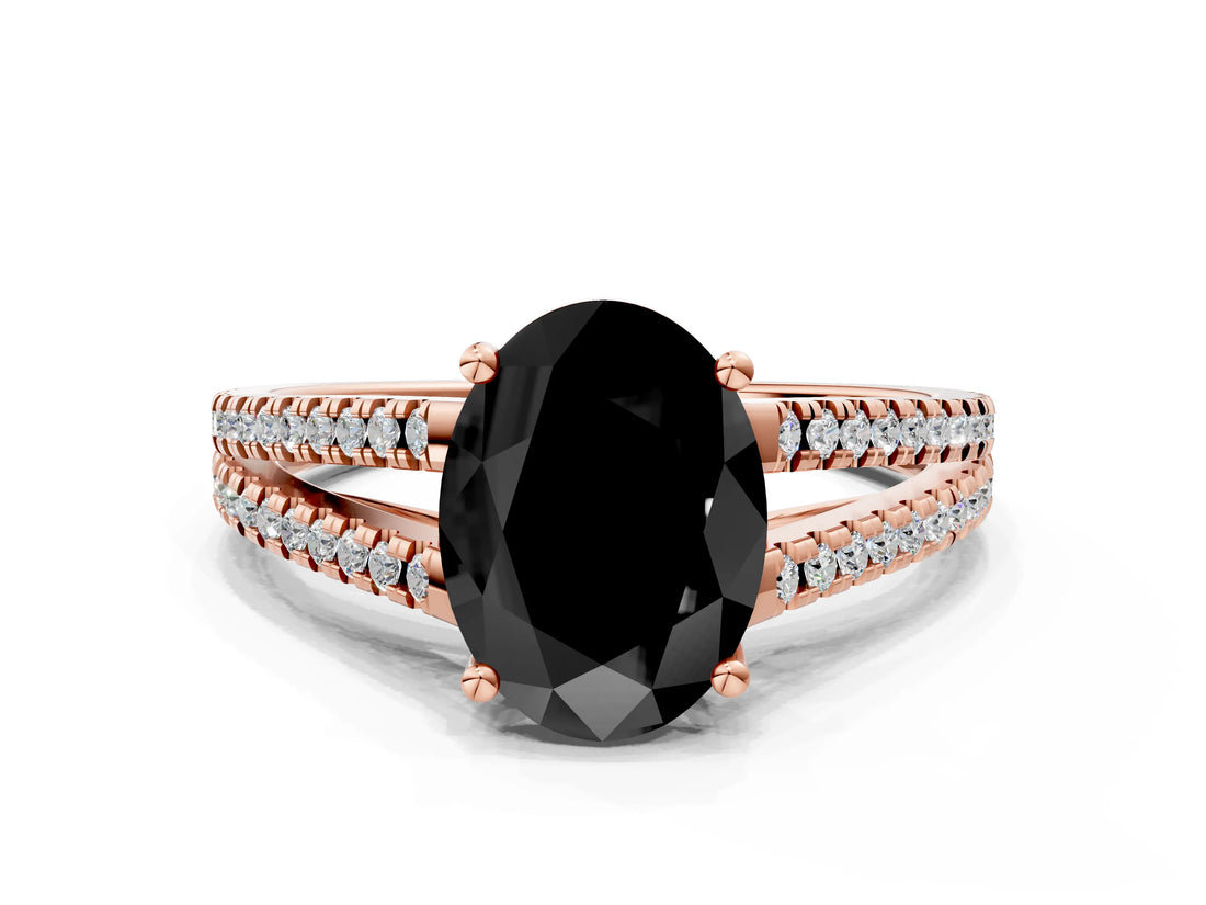 Rose gold Fancy Black Oval Cut Solitaire Split Shank Pavé Diamond Engagement Ring