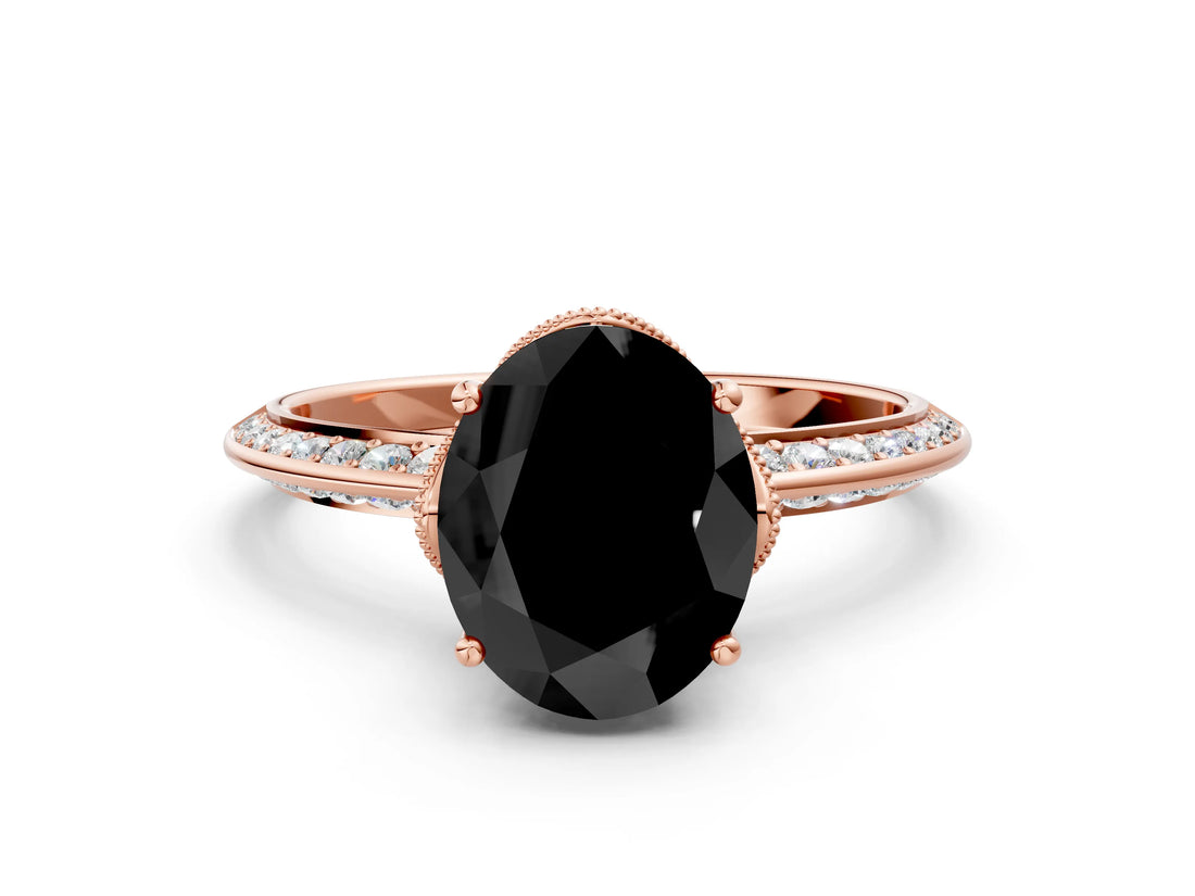 Rose gold Fancy Black Oval Cut Solitaire Split Shank Pave Diamond Engagement Ring with Four-Prong Setting