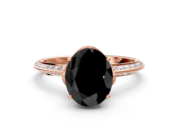 Rose Gold Oval Graduated Pave Engagement Ring Setting for Black Center