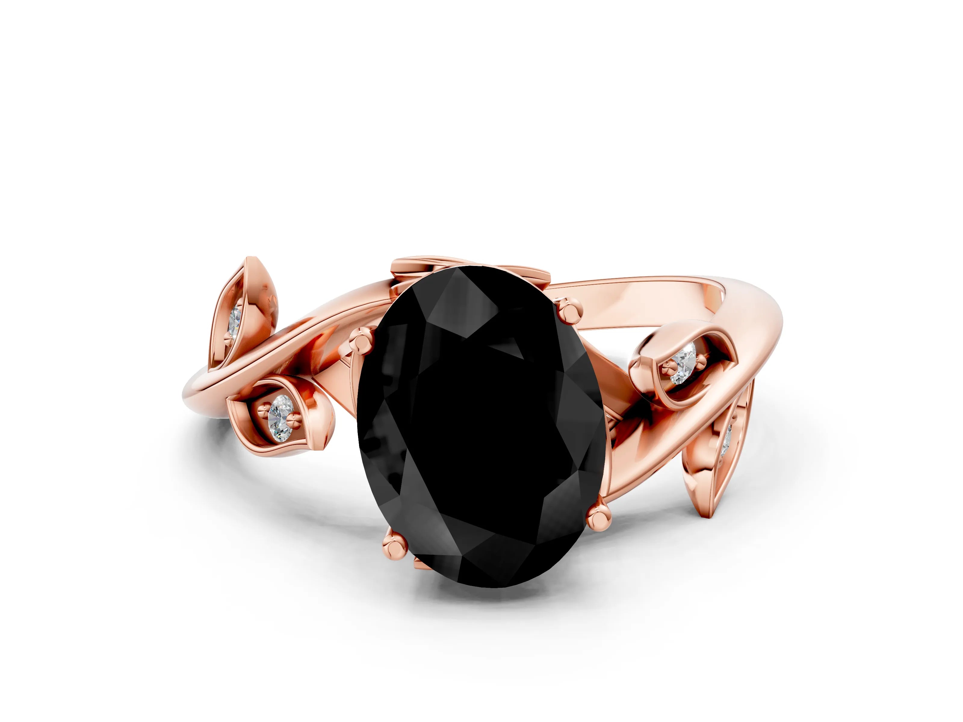 Rose gold Fancy Black Oval Cut Solitaire Twist Engagement Ring with Leaf Accents and Prong Setting_12