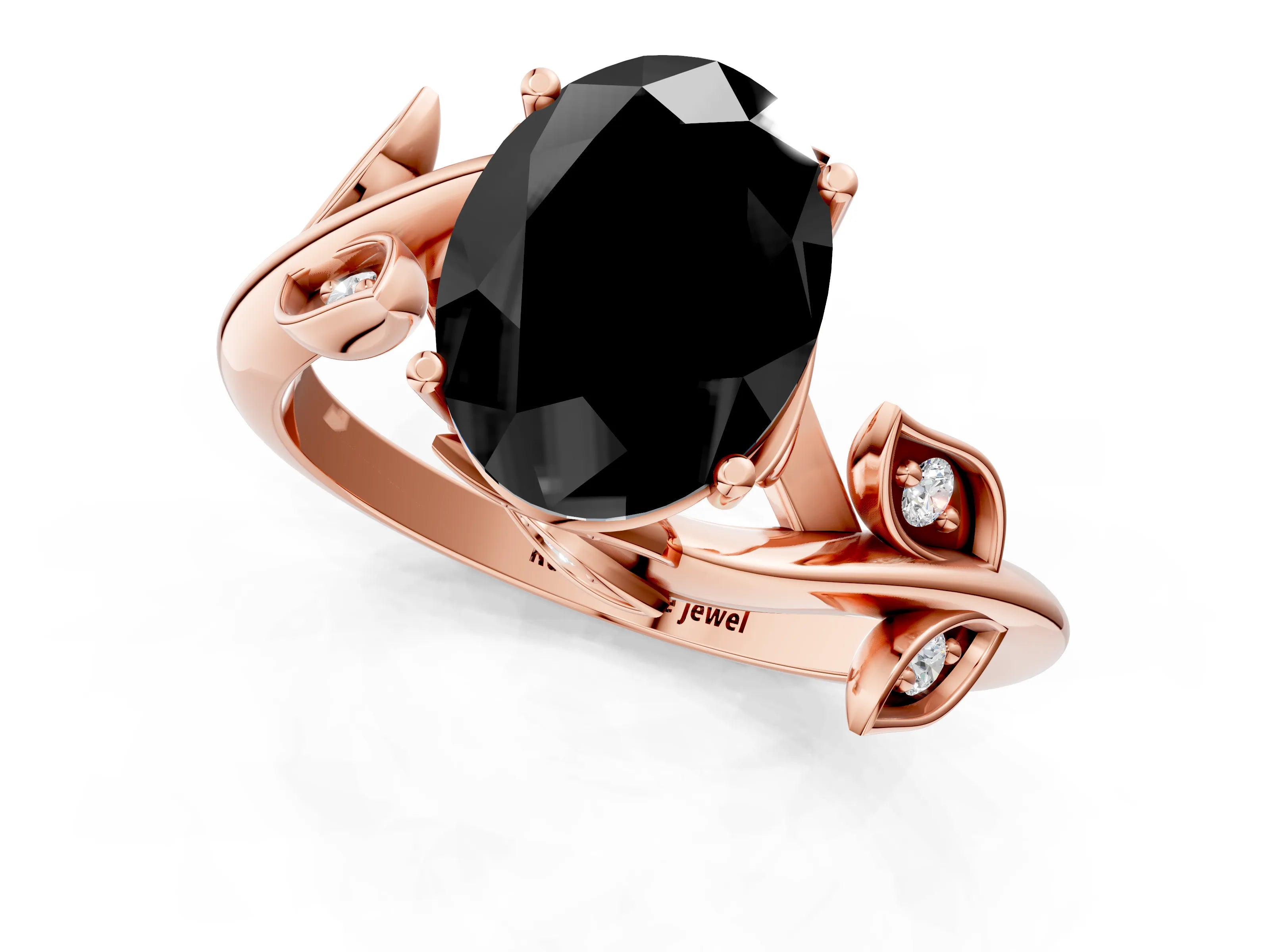 Rose gold Fancy Black Oval Cut Solitaire Twist Engagement Ring with Leaf Accents and Prong Setting_13