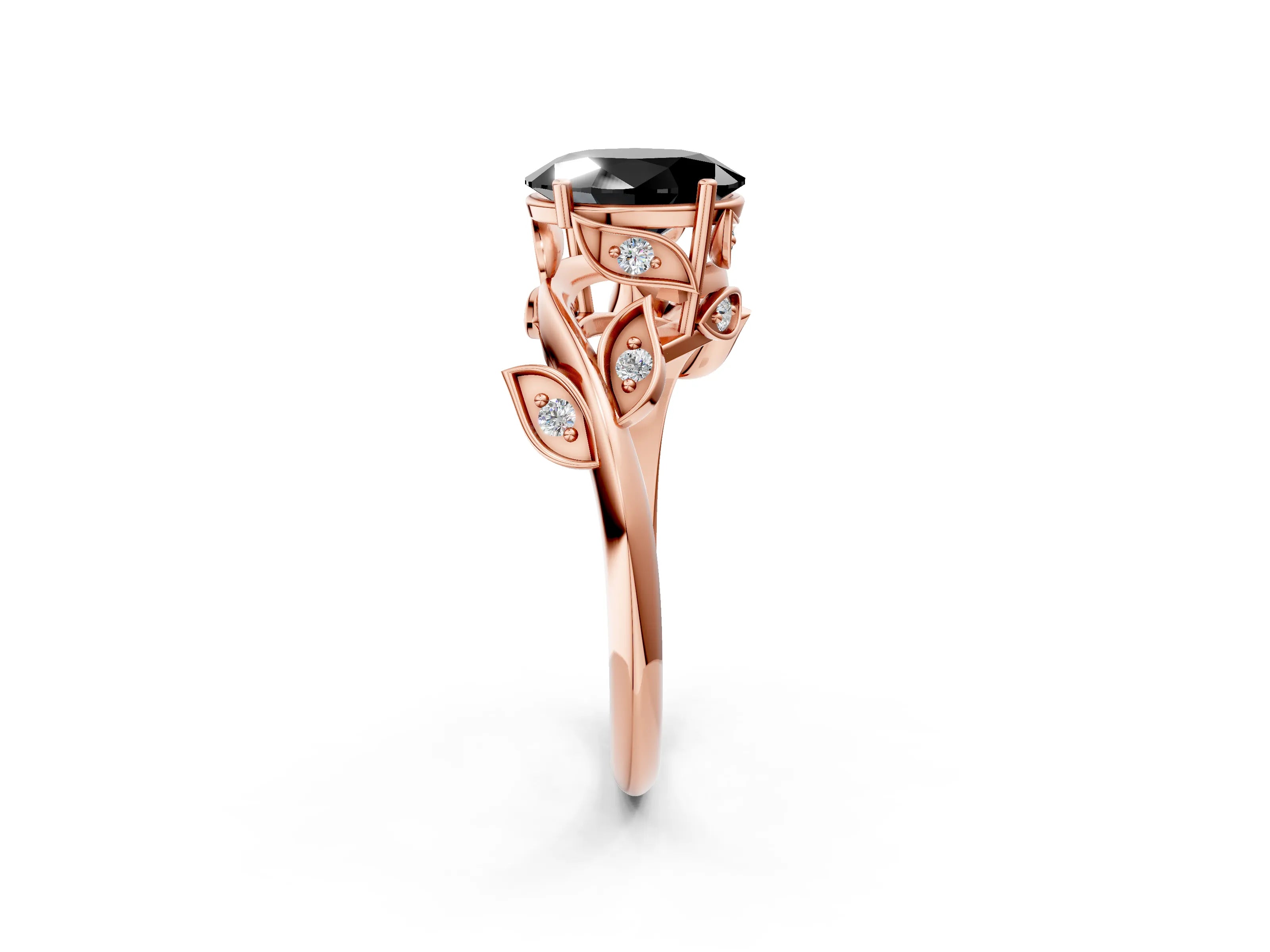 Rose gold Fancy Black Oval Cut Solitaire Twist Engagement Ring with Leaf Accents and Prong Setting_14