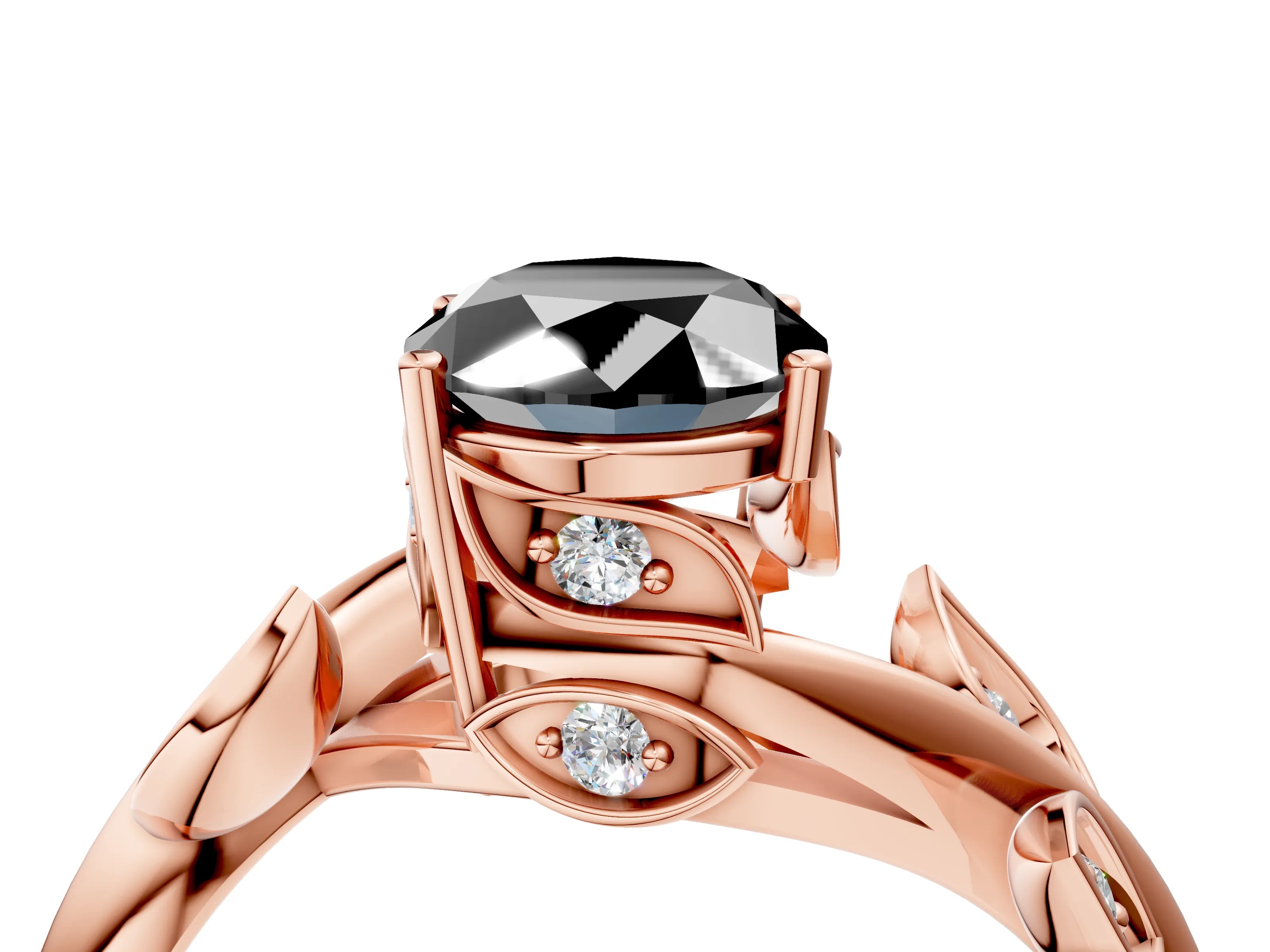 Rose gold Fancy Black Oval Cut Solitaire Twist Engagement Ring with Leaf Accents and Prong Setting_16