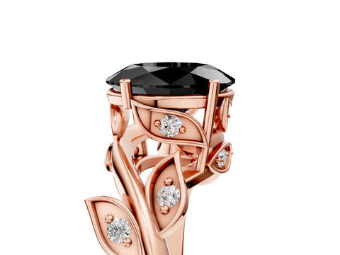 Rose gold Fancy Black Oval Cut Solitaire Twist Engagement Ring with Leaf Accents and Prong Setting_17