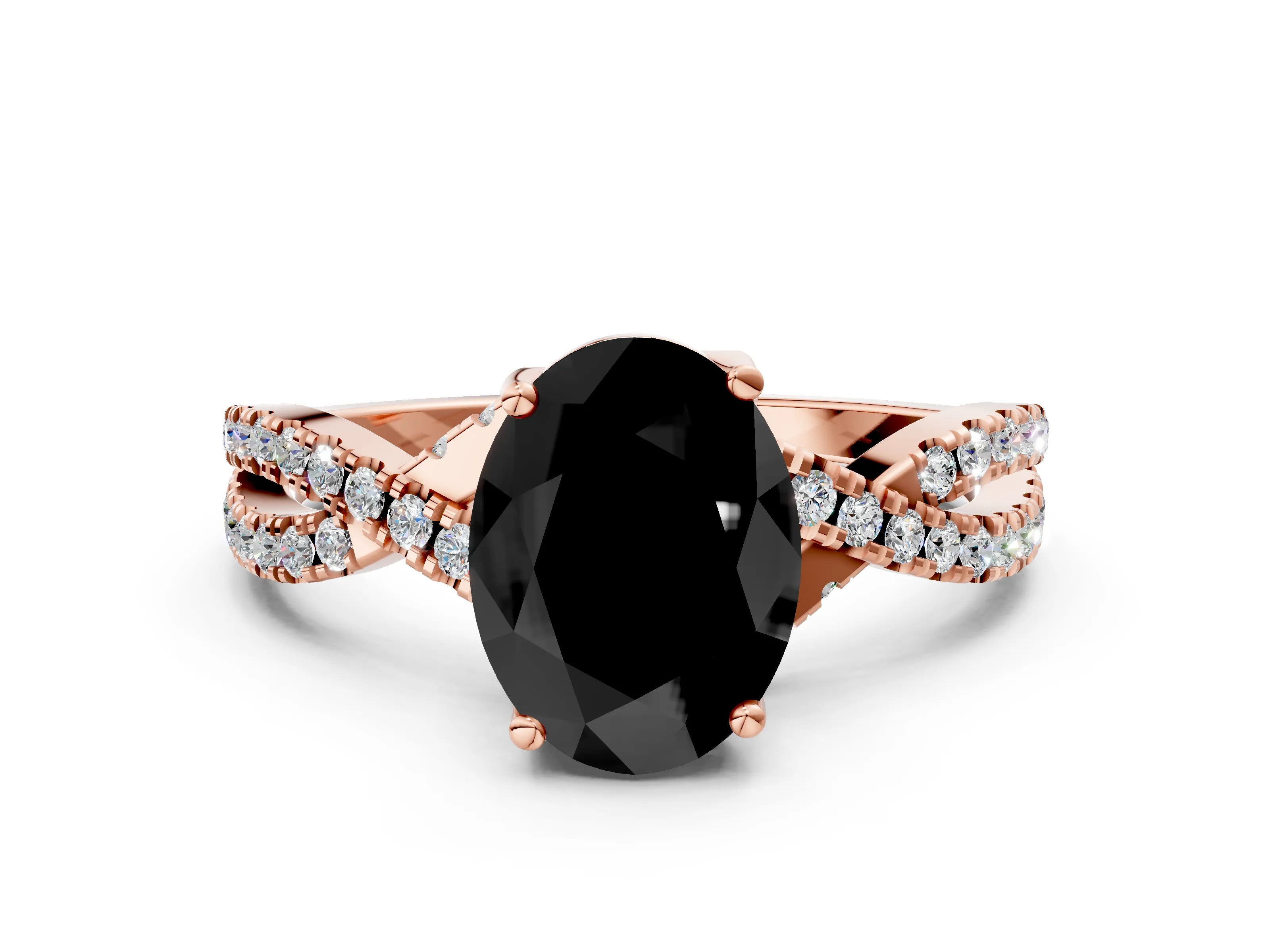 Rose gold Fancy Black Oval Cut Solitaire Twist Pave Diamond Engagement Ring with Prong Setting