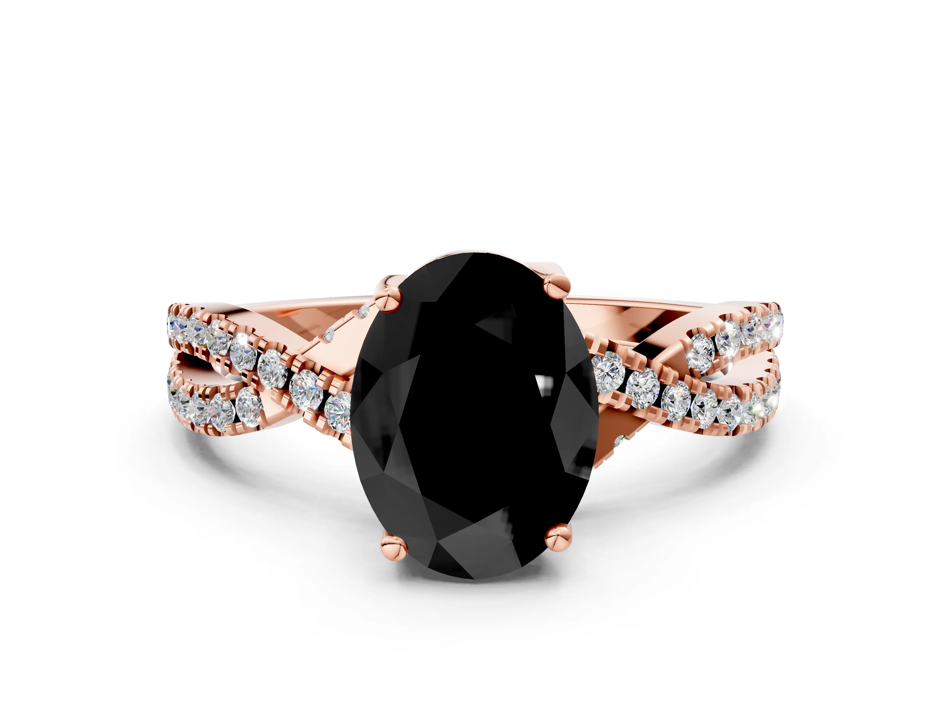 Rose gold Fancy Black Oval Cut Solitaire Twist Pave Diamond Engagement Ring with Prong Setting_24