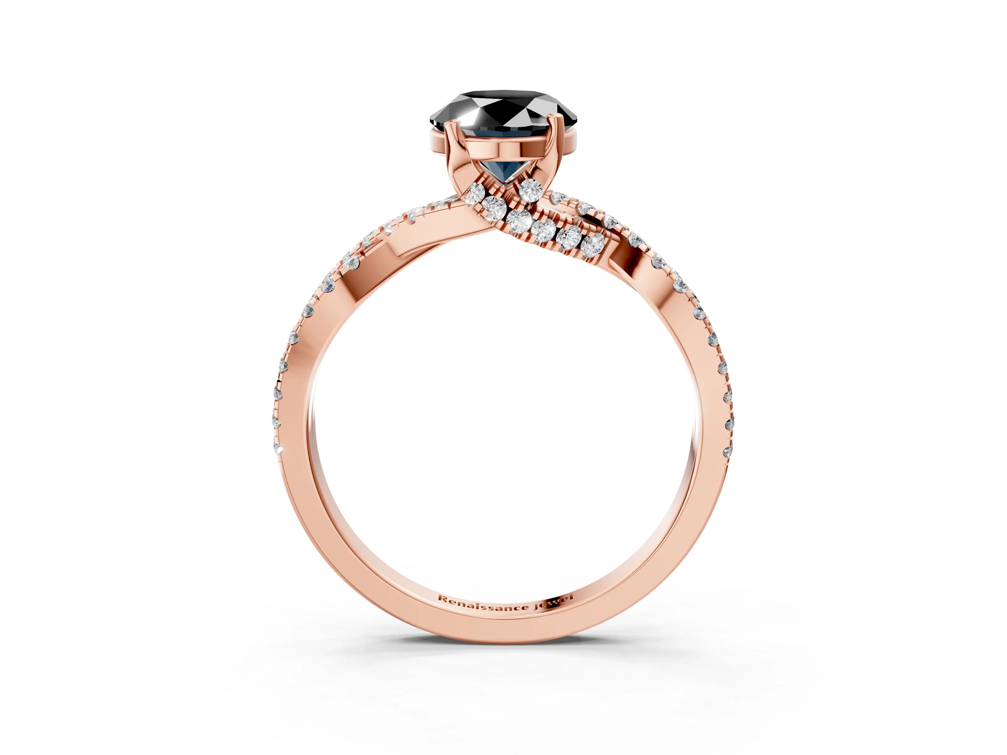 Rose gold Fancy Black Oval Cut Solitaire Twist Pave Diamond Engagement Ring with Prong Setting_3