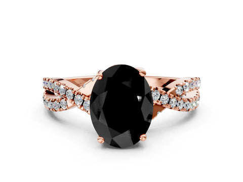 Rose gold Fancy Black Oval Cut Solitaire Twist Pave Diamond Engagement Ring with Prong Setting