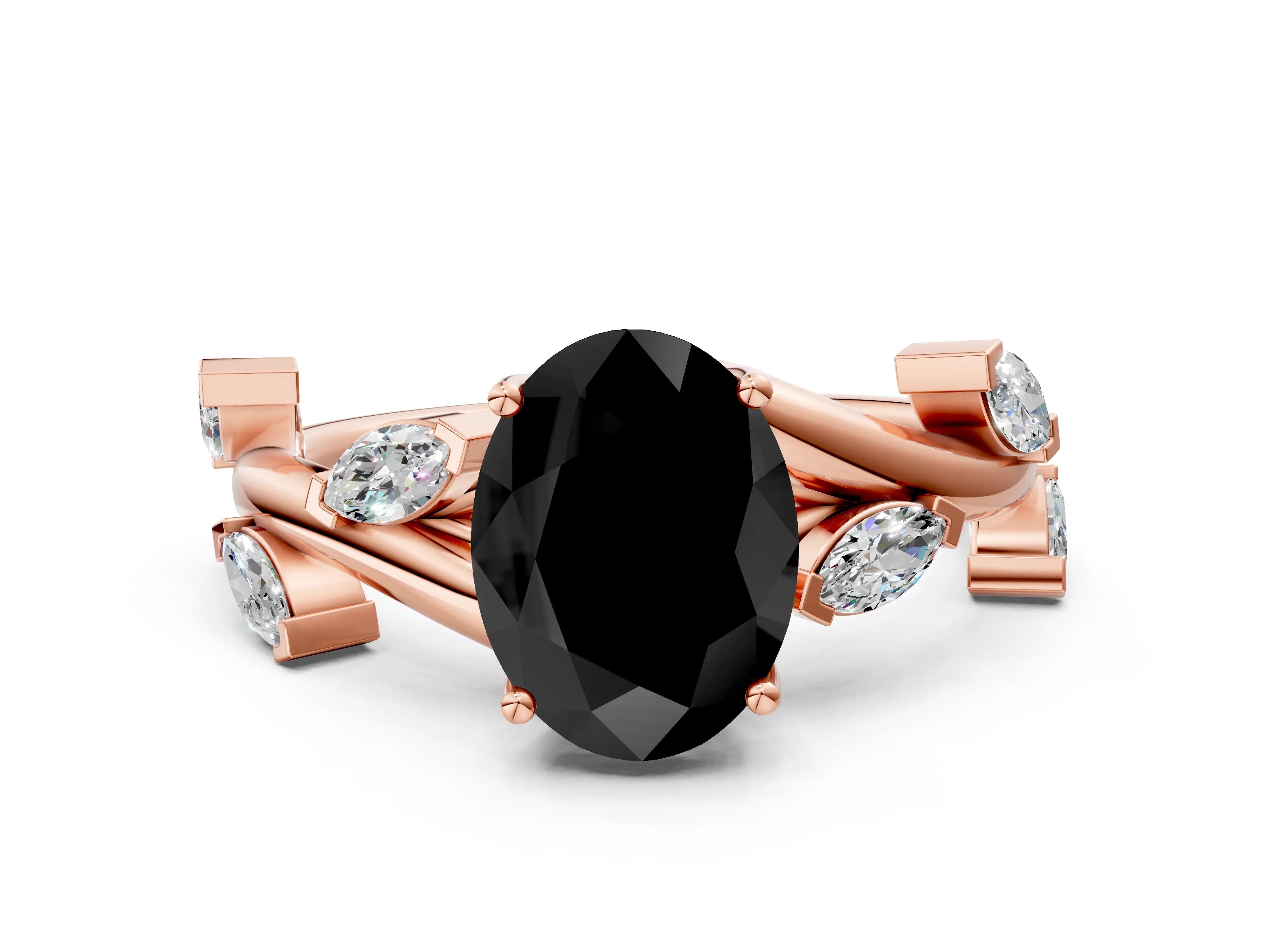Rose gold Fancy Black Oval Cut Solitaire Twisted Band Marquise Accent Prong Setting Ring